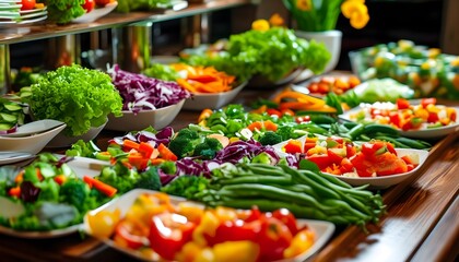 Vibrant spread of cold appetizers and fresh vegetable salads at a vegetarian buffet restaurant