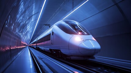 Fototapete - A wide-angle view of a high-speed train traveling through a tunnel, with the train lights illuminating the darkened interior.