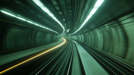 Poster - A wide-angle view of a high-speed train traveling through a tunnel, with the train lights illuminating the darkened interior.