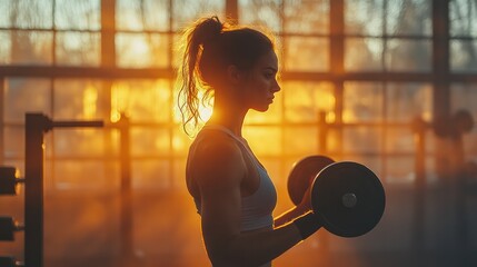 Motivation in fitness, a person lifting weights in a gym, intense focus, sunlight pouring in from large windows