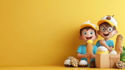 Two cheerful children enjoy ice cream cones against a bright yellow background, exuding joy and playfulness.