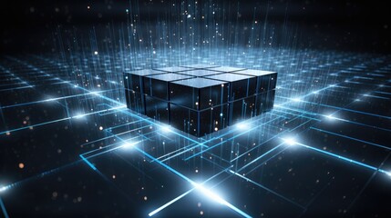 Wall Mural - A black cube sits on a grid of glowing blue lines, surrounded by a field of digital data.