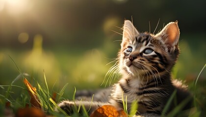 Wall Mural - Sunlit Tabby Kitten in Grassy Field Embracing Natures Serenity and Contentment