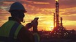 © Nathan - A male construction worker in a hard hat uses a smartphone amid an industrial sunset.