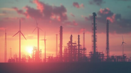 Silhouettes of wind turbines and industrial structures against a vibrant sunset sky.