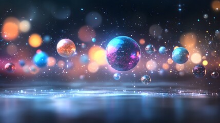 Wall Mural - A stunning abstract scene featuring floating spheres amidst colorful lights and sparkling effects, creating a sense of magic and wonder.