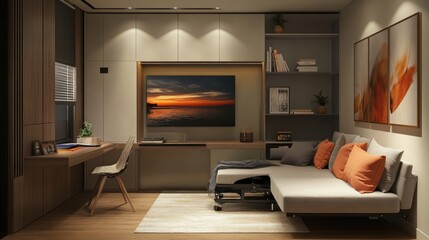 Poster - Modern Living Room with Fold-Out Sofa and TV