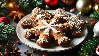 Wall Mural - Christmas cheer with gingerbread cookies adorned with icing and candy, nestled among vibrant ornaments and holiday decorations