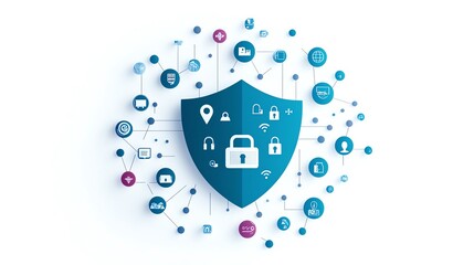 A graphic image depicting cybersecurity and data protection concept with a central shield surrounded by various technological icons.