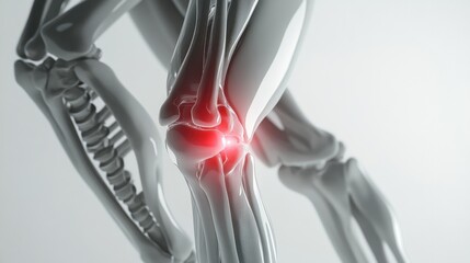 3D rendering of a human knee joint with pain highlighted in red.