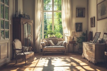 Sticker - Sunlit Vintage Interior with Rustic Furniture