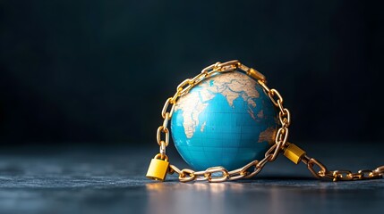 A globe symbolically bound by a chain, representing concepts of restriction, control, and globalization.