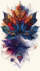 Wall Mural - A vibrant, abstract leaf illustration with detailed patterns and bold colors, blending orange, blue, and purple tones into artistic shapes.
