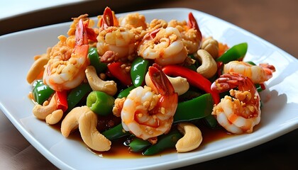 Wall Mural - Crispy shrimp stir-fried with cashew nuts and bell peppers on a plate showcasing vibrant Thai cuisine without spiciness