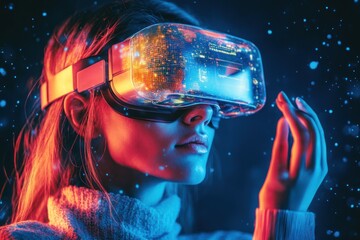 Sticker - Woman Exploring Virtual Reality with a Futuristic Headset