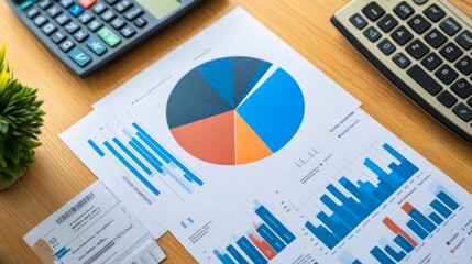 An overhead view of a desk with printed financial reports featuring pie charts and graphs, accompanied by a calculator and financial documents