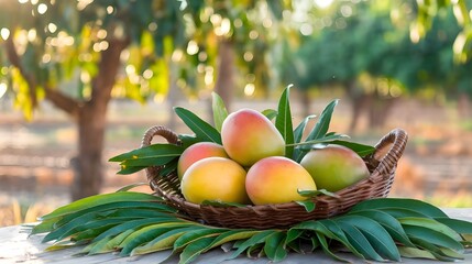 Ripe Mangoes in a Basket with Green Leaves