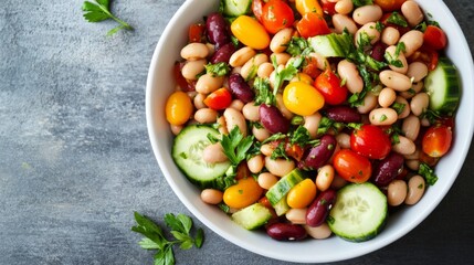 Wall Mural - An overhead view of a fresh bean salad with mixed beans, cherry tomatoes, cucumbers, and herbs, presented in a clean, white bowl.