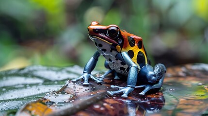 A brightly colored poison dart frog sitting on a wet leaf in the rainforest