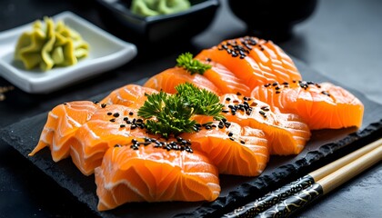 Wall Mural - Savoring sashimi with salmon and wasabi served on a sleek black table, complete with chopsticks for the perfect Japanese dining experience