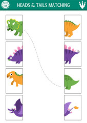 Wall Mural - Dinosaur connect the halves worksheet.  Prehistoric dino land matching game for preschool children with ancient animals. Match heads and tails activity with triceratops, stegosaur, pterosaur