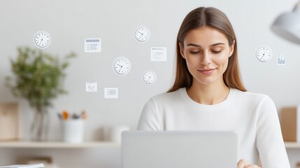 businesswoman using time management software with floating deadlines and collaboration icons, symbol