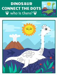 Wall Mural - Vector dot-to-dot and color activity with plesiosaur, colored prehistoric scene. Dinosaur connect the dots game for children with cute ancient animal. What is missing printable worksheet