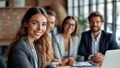 Poster - Empowered executive manager leading a collaborative business meeting while engaging with her team and the camera