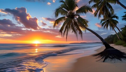 Tropical beach paradise with swaying coconut trees under a stunning sunset sky