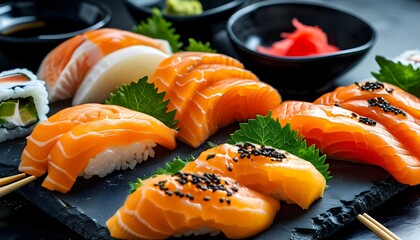 Wall Mural - Savoring sashimi with salmon and wasabi served on a sleek black table, complete with chopsticks for the perfect Japanese dining experience