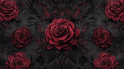 Red roses on dark textured background with carved floral patterns.