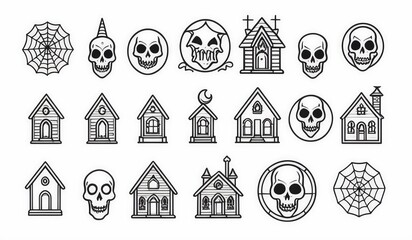 illustration of a set of icons halloween. Spooky Outline Icons A collection of Halloween icons drawn in a thin, spooky outline style, including a haunted house, skull, spider web, coffin, crossbones