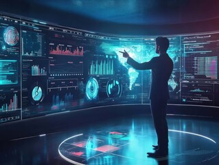 Wall Mural - virtual data dashboard businessman interacting holographic kpi metrics futuristic