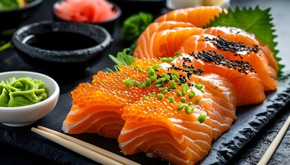 Wall Mural - Savoring sashimi with salmon and wasabi served on a sleek black table, complete with chopsticks for the perfect Japanese dining experience