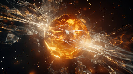 Abstract explosion in space with rocks and stones burst in flame, sci-fi and technology background