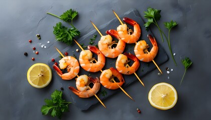 Wall Mural - Grilled shrimp skewers with vibrant bell peppers, fresh lemon, and parsley on a rustic gray stone surface