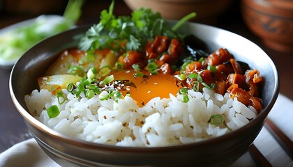 Wall Mural - Delicious Kama-age Shirasu Rice Bowl with Fresh Toppings and Seasoning