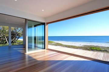 A contemporary beachfront home, with large glass doors opening to a deck overlooking the ocean