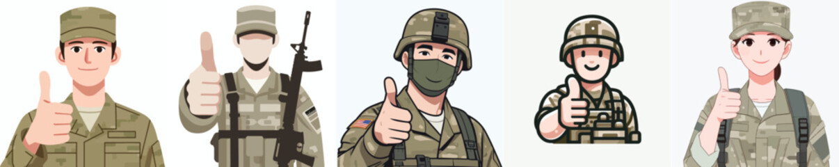 Canvas Print - vector set of soldiers expressing their thumbs up with a simple flat design style and white background