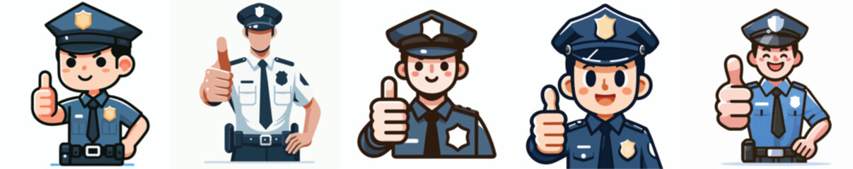 Canvas Print - vector set of police expressing their thumbs up with a simple flat design style and white background