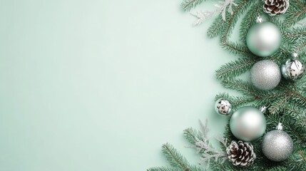 The festive theme for this ornament arrangement is created by arranging green and silver ornaments along with pine branches and pine cones on a mint background