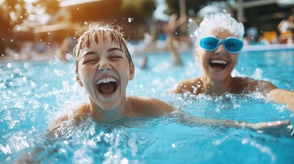 A smiling two woman splash happily in a blue pool on a summer day seniors doing water exercises, Group of elder women at aqua gym session, joyful group of friends having aqua class in swimming