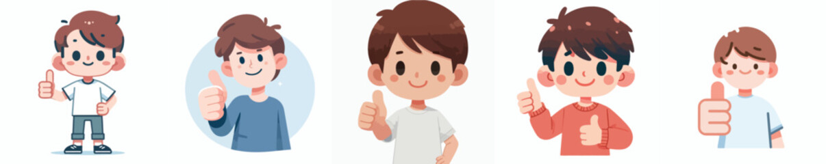 Wall Mural - vector set of kid expressing thumbs up with a simple flat design style and white background