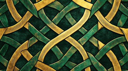 Seamless pattern of intricately woven green and gold ribbons.