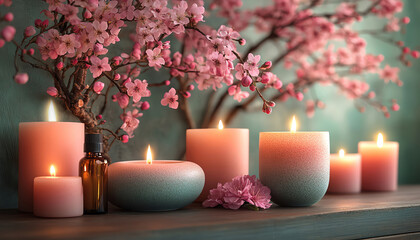 Aromatherapy setup with candles and oils, surrounded by spring blossoms, soft natural light, relaxing and tranquil