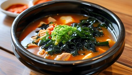 Savory seaweed soup with tender meat served in a stylish black bowl