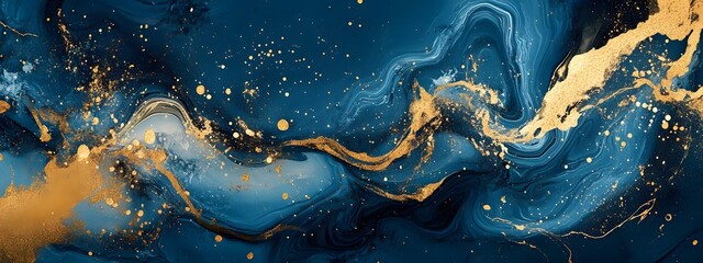 Abstract blue and gold marble background, liquid watercolor effect, soft flowing textures with splashes of metallic silver glitter on a dark gray backdrop.