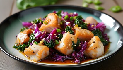 Wall Mural - Stir-fried Minced Pork with Red and Green Cabbage Drizzled in Fish Sauce