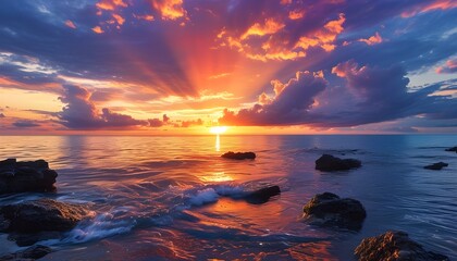 Breathtaking sunset sky illuminating a serene natural seascape with vibrant colors and captivating light