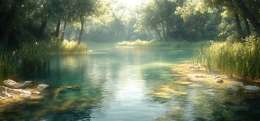 Tranquil blue river flowing through a lush forest with soft sunlight filtering through the trees.